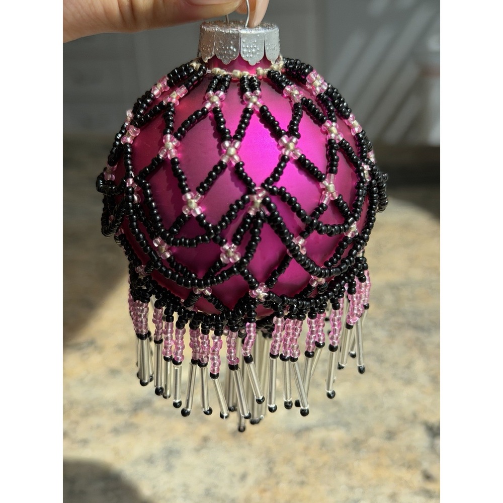 Vintage Rauch Glass Christmas Ornament Pink Fuchsia Beaded Net Cover Fringe
